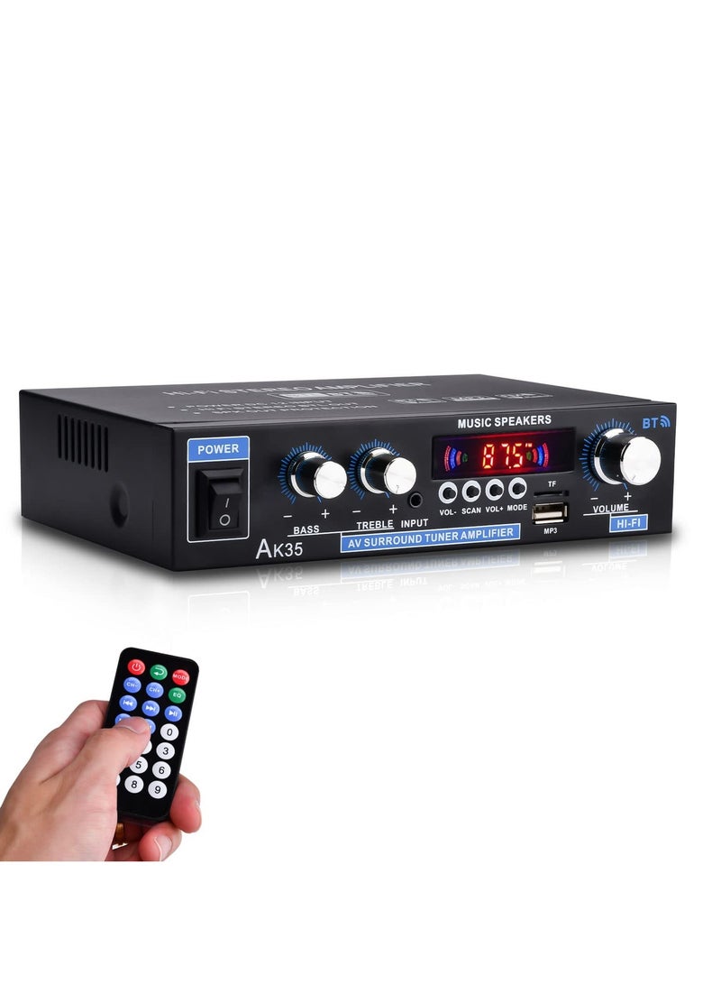 AK35 Dual Channel Bluetooth 5.0 Stereo Audio Amplifier Receiver, USB and SD Card Input, RMS 30W x 2, Bass  Treble Control, FM Radio, for Home Theater Speakers System - Image 1